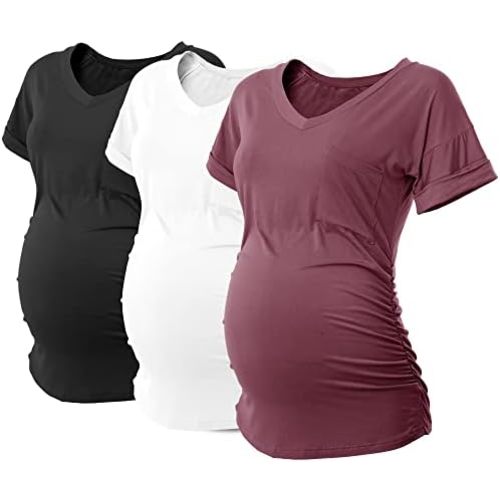 SUNNYBUY 3 Pack Womens Maternity Tops Side Ruched Maternity Shirts Pregnancy Clothes V Neck