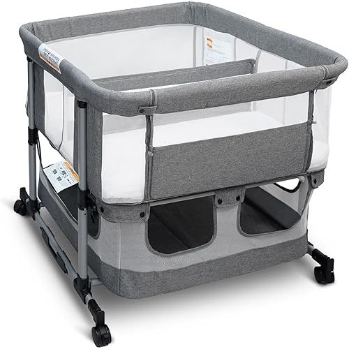 Twin Bassinet for 2 Babies, Double Bassinet for Twins, Rocking Bassinet with Wheels and Storage Basket, Full-Mesh Sides, 5-Height Adjustable, Portable and Stable Baby Crib for Newborns (Standard Grey)