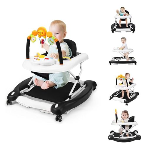 Baby Walker, 5-in-1 Baby Walkers for Boys and Girls 6-12 Months with Bouncer, Removable Footrest, Feeding Tray & Music, Foldable & Adjustable Activity Walker for 6-18 Months Toddler Infant