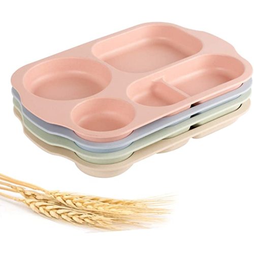 Shopwithgreen Unbreakable Divided Plates - Large 11 Inch 4 PCS Microwave Dishwasher Safe Tray for Kids Adults - Wheat Straw Plastic Material, Lightweight Plates (Blush)