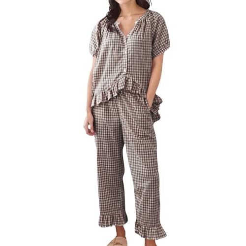 codcm Womens Gingham Pajama Set 2 Piece Short Sleeve Babydoll Shirt and Pants Lounge Set Cute Sleepwear