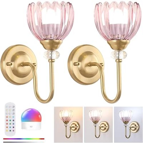 Set of 2 Vintage Battery Operated Wall Sconce, Rechargeable Wall Lamp with 5000mAh Battery & Remote Control, Dimmable Wall Lights with tulip shade for Bedroom Bathroom Living Room, (Tulip Pink Up)