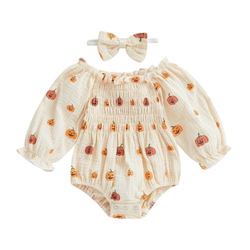 Generic Long Sleeve Christmas Pajamas For Babies Long Sleeve Shirt Tops Girl Halloween Outfit Cute Pumpkin Romper Long Sleeve Bodysuit First Halloween Outfit With Headband Baby Romper