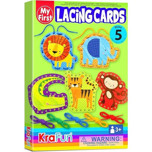 KRAFUN Beginner Preschool Lacing Card Kit for Kids Arts & Crafts, 5 Easy Safari and Animal Lacing Projects, Paper Craft Cards for Toddlers, Fine Motor Skills Training Toys