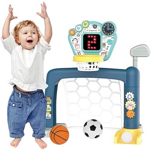 2026 Updated 4 in 1 Adjustable Basketball Hoop Soccer Goal for Toddlers 1-3,Kids Sports Toys with Golf Toy, LED Scoreboard, Music & Educational Games,Indoor & Outdoor Baby Activity Center
