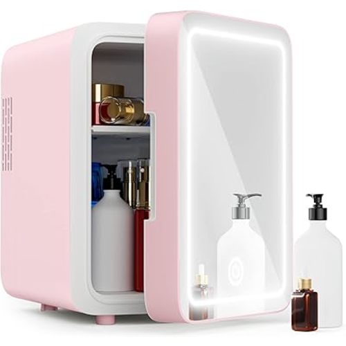 Easy-Take Skincare Fridge - Mini Fridge with Dimmable LED Mirror (4 Liter/6 Can), Cooler and Warmer, for Skincare and Food, Mini Fridge for Bedroom, Office and Car, Pink