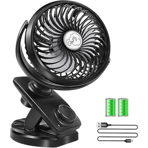 Stroller Fans Mini USB Desk Clip on Fan, Table Fan 40 Hours(Max) 360° Rotation 5000mAH Rechargeable Battery Operated 4 Speed Quiet Fan for Outdoor/Indoor Baby Car Travel Office Camping Library