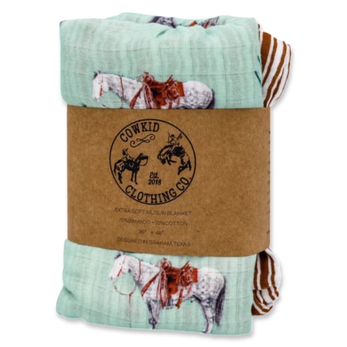 Sage Ranch Horse & Rust Stripe Bamboo Muslin Blanket