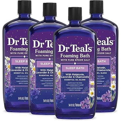 Dr Teal's Foaming Bath with Pure Epsom Salt, Sleep Blend with Melatonin, Lavender & Chamomile Essential Oils, 34 fl oz (Pack of 4)