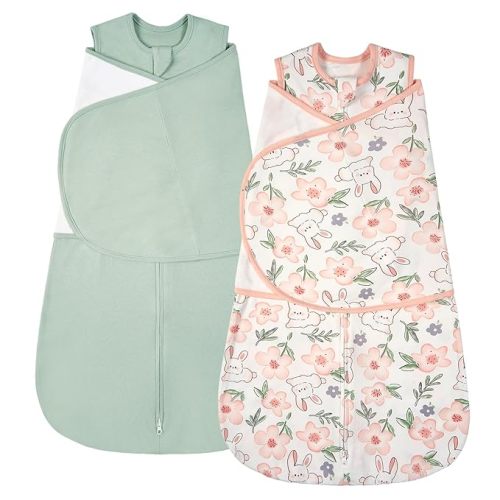 Baby Swaddle Sleep Sack, 1.0 TOG Sleep Sack Swaddles for Newborns & infant 0-6 Months 100% Cotton Baby Wearable Blanket for Newborn Registry Essentials Green&Rabbit Flower