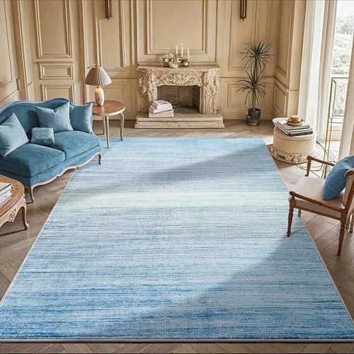 Carvapet 5x7 Blue Rugs for Living Room Bedroom Dorm, 7 x 5 Feet Washable Low Pile Ombre Carpet with Rubber Backing, Foldable, Non Slip Thin Area Rug