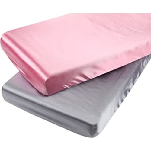 Satin Pack n Play Sheet Set 2 Pack Ultra Soft Silk Fitted Mini Crib Sheets Playard Sheet Protect for Baby Hair and Skin, Grey & Pink