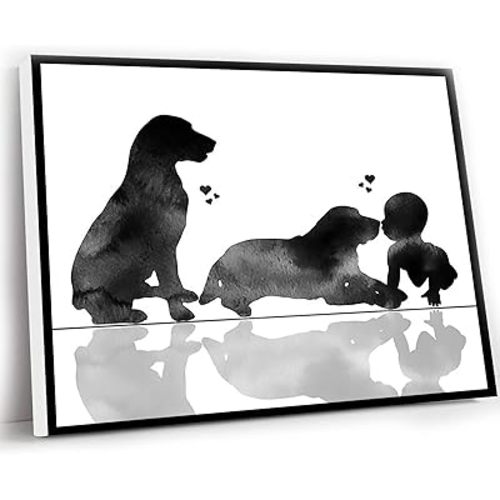 Girls Room Decorations,Baby And 2 Dogs Print,Labradors Print,Baby Room Wall Art,Baby Animals Print,Nursery Decor,Baby Silhouette,Birthday Gift for Grandson,12x16 Inch Framed Wall Art
