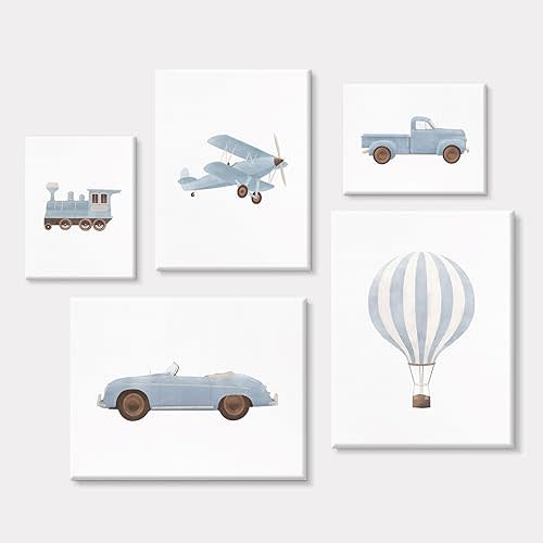 Blue Car Wall Art Decor Boys Room Canvas Poster Vintage Train Transportation Wall Art Watercolor Toddler Art Prints Blue Car Pictures Painting for Boy Bedroom Kids Nursery 8x10 Inch Framed Set of 5