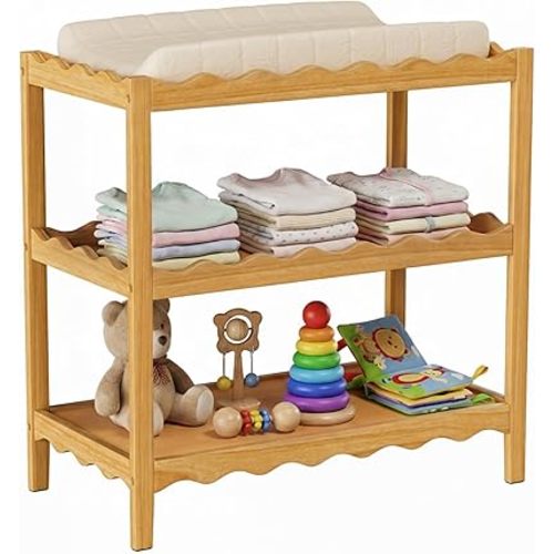 Baby Changing Table, Portable Changing Table, Compact and Lightweight, Solid New Zealand Pinewood, Two Storage Wave-Shaped Shelves, Nursery Organizer, Natural Wood