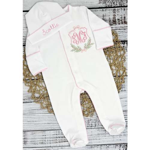 Personalized Baby Girl Outfit Coming Home Newborn Photo Set Monogram Baby White Pink Floral Custom Baby Clothes Gift Baby Shower New Mom