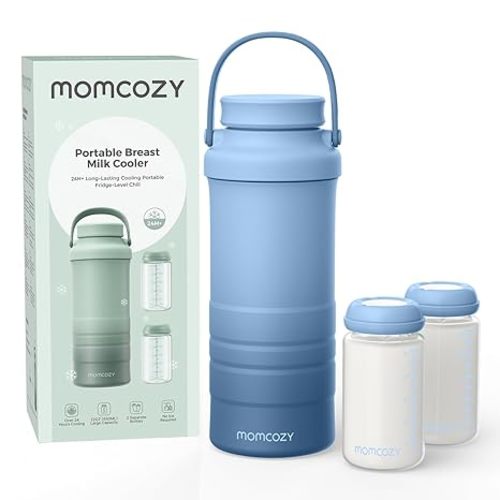 Momcozy 22oz Portable Breast Milk Cooler for Outdoor, Life Saver with 360° Total Cooling for 24 Hours, Larger Capacity Travel Breastmilk Chiller with 2pcs Baby Bottles for Breastmilk Storage, Blue