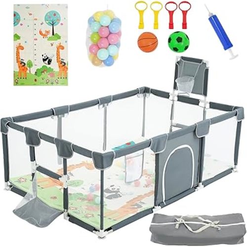 Baby Playpen with Mat - Play Pen for Babies and Toddlers with Balls - Playards with Mat and Accessories - Sport Playpen - Discover Your Child's Talents