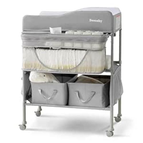Sweeby Portable Baby Changing Table, Foldable Changing Table Dresser Changing Station for Infant, Waterproof Diaper Changing Table Pad Topper, Mobile Nursery Organizer for Newborn Essentials,LightGrey