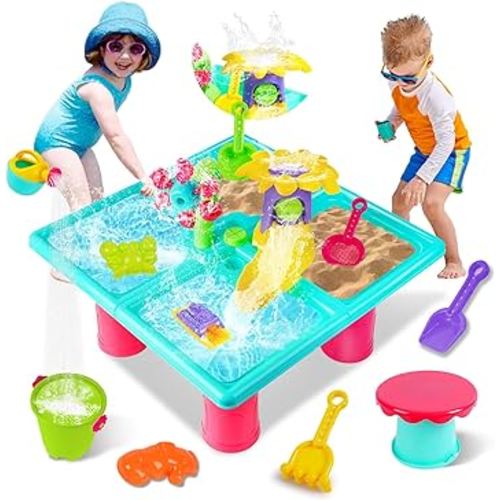 VATOS Water Table for Toddlers 1-3,4-in-1 Outdoor Kids Water Table Play Toys,25 Piece Summer Water Table Sensory Activity Set,Toddler Sand and Water Table for Boys Girls Outdoor Backyard Park Beach