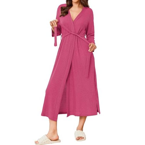 Ekouaer Women's Robe Long Waffle Knit Bathrobe Lightweight Soft Kimono Robes Loungewear S-XXL