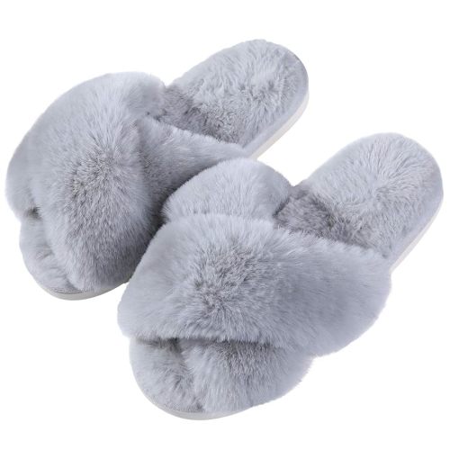 Evshine Women's Fuzzy Slippers Cross Band Memory Foam House Slippers Open Toe