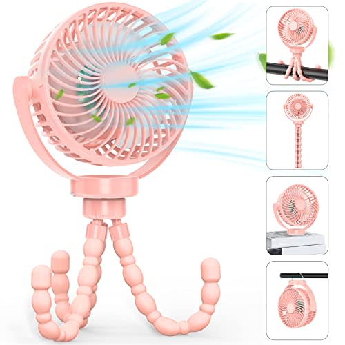GetBreeze Portable Rechargeable Battery Fan with LED Lights, Stroller Fan with Tripod Clip for Baby, Portable Rechargeable Personal Fan for Stroller, Car Seat, Treadmill, Camping (Pink)
