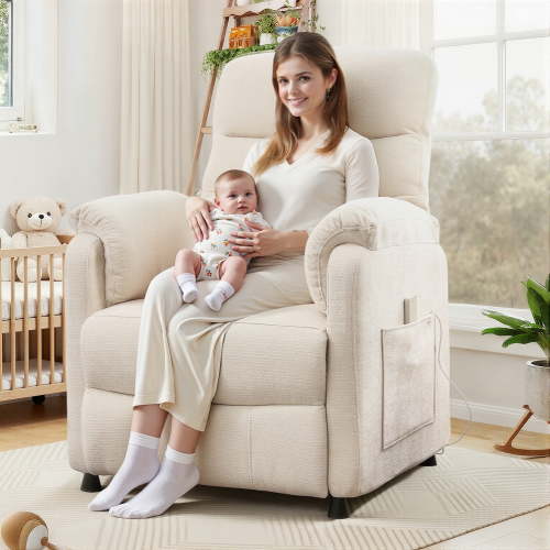 Electric Power Recliner Chair, Modern Chenille Fabric Recliner with Side Pocket & Remote, Nursery Recliner Chair for Living Room Small Space, Beige