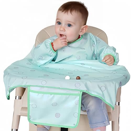 MOTEERLLU Coverall Baby Feeding Bib for Eating,Long Sleeves Bib Attaches to Highchair and Table,Weaning Bibs