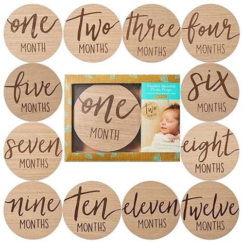 Kate & Milo Baby Monthly Milestone Marker Discs, Reversible Photo Props, Baby Growth and Pregnancy Growth Cards, 1-12 Months, Gender-Neutral Gift, Classic Cursive Script Wooden Discs - Circle Milestone Discs