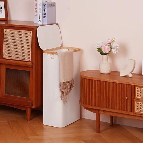 efluky Slim Laundry Hamper with Lid, Narrow Laundry Hamper with Removable Bags, Collapsible Dirty Clothes Basket with Handles for Bathroom, Bedroom & Laundry Room, 63L Beige