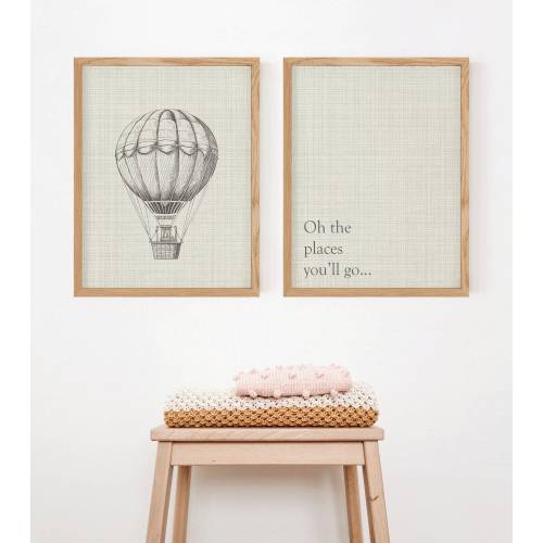 Oh the Places You'll Go Set of 2 Nursery Prints, Nursery Wall Art, Dr. Suess Artwork, Oh the Places Nursery Artwork, Vintage Nursery Artwork