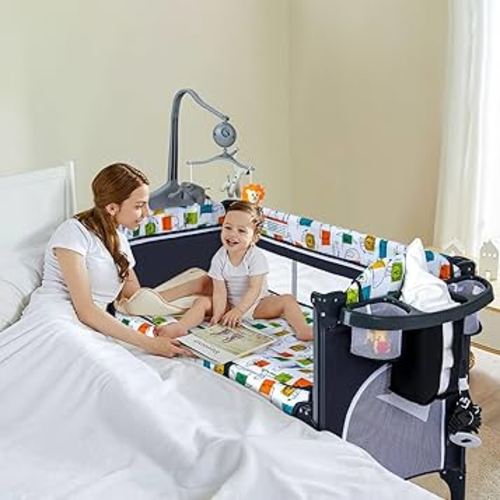 Baby Bassinet Bedside Crib with Portable Changing Table, 5-in-1 Pack and Play Baby Crib, Bedside Crib Sleeper for Newborn Baby with Mattress, Playard, Music Box, Carry Bag, Easy to Install
