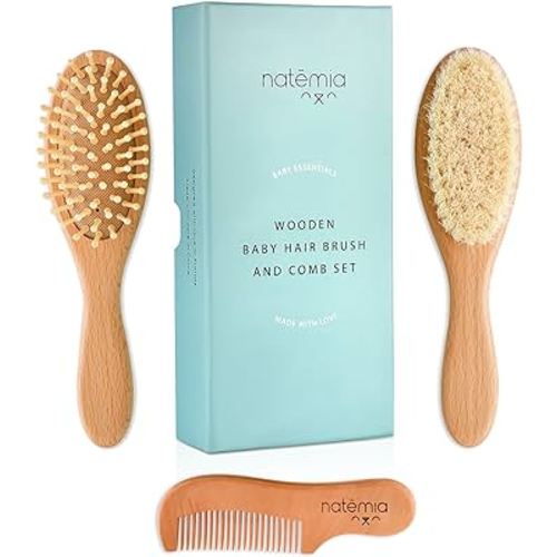 Natemia Premium Wooden Baby Hair Brush and Comb Set – Natural Soft Bristles – Ideal for Cradle Cap - Perfect Baby Registry Gift