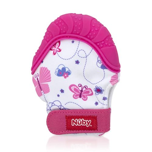 Nuby Soothing Teething Mitten with Hygienic Travel Bag, Pink. - Flower