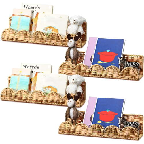 4 Pcs Nursery Book Shelves 15.8 Inch Rattan Scalloped Floating Bookshelves Wicker Boho Book Shelf for Wall Mounted Decor Nursery Rooms Hanging (Natural Color)