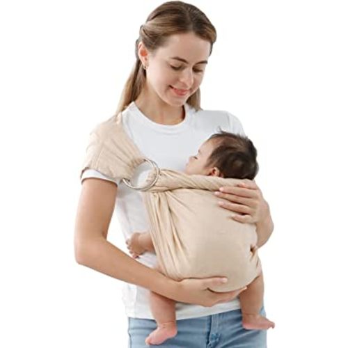 Ring Sling Baby Carrier Newborn to Toddler,Soft Linen Baby Sling Carrier Wrap, Easy Wearing,Adjustable Muslin Baby Holder Nursing Sling Ideal for New Mom,Parents,Infant Shower Gifts (Apricot)