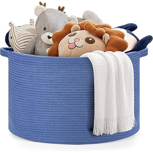 Ravinte Blanket Basket - 20"x 20"x 13" Cotton Rope Basket for Living Room, Baby Toy Storage Basket, Large Woven Laundry Basket (Blue)