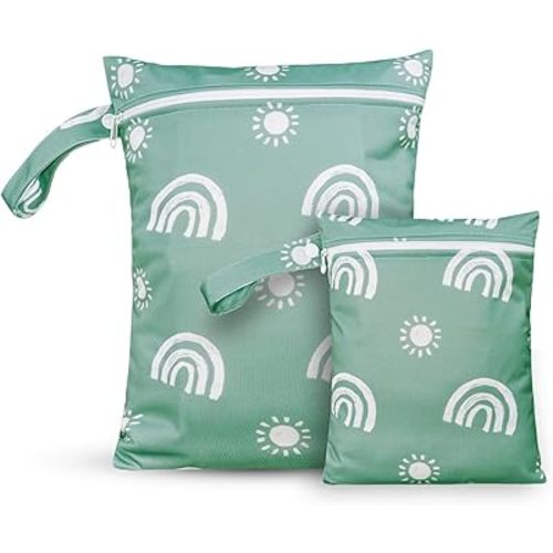 2 Pcs Wet Bags Waterproof Reusable Zippered Pocket Cloth Diaper Wet Dry Bags for Travel Beach Pool Swim, Baby Diapers,Gym Yoga Wet Clothes,Swimsuit,water wipes(Rainbow Green)