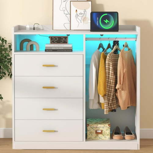 Meteorleg Dresser with Clothes Rack,4 Drawers Dresser with Charging Station & LED Lights,Modern LED Chests of Drawers for bedroom Living Room,White