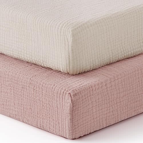 Blissful Diary Muslin Crib Sheets for Girl Boy, Boho Neutral Soft Cotton Baby Sheet for 52''x28'' Standard Crib Mattress, 2 Pack(Cream&Pink)