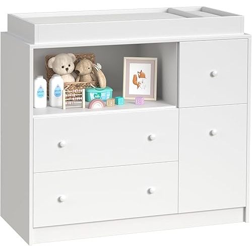 Baby Changing Dresser with Large Tabletop, 3 Drawers, Open Storage Space, and Open Storage Shelf – Ideal Changing Table for Nurseries and Baby Rooms