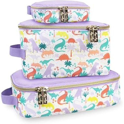 Itzy Ritzy Packing Cubes For Travel – Set of 3 Packing Cubes or Travel Organizers; Each Travel Cube Features a Mesh Top, Double Zippers and a Fabric Handle (Purple Dinosaurs)
