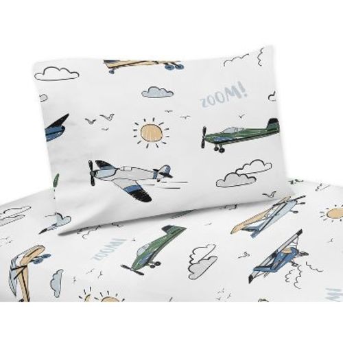 Sweet Jojo Designs Queen Sheet Set Airplane Green And Blue 4pc