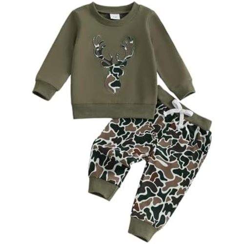 VISGOGO Toddler Baby Boy Hunting Outfit Duck Half Zip Long Sleeve Sweatshirt Pants Set 2 Fall Camouflage Clothes