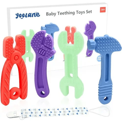 Yoolane Baby Teether - Teething Toys for Babies 3-24 Months, Tools Set Shape Silicone Teethers - Baby Stuff Essentials Gifts for Toddler Infant Boy and Girl, BPA Free Freezable | 4 Pack