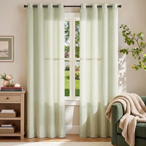 jinchan Linen Curtains for Living Room Green on Beige Striped Curtains for Bedroom Ticking Stripe Pattern Light Filtering Cottage Core Farmhouse Rustic Grommet Window Treatment 2 Panels 90 inches