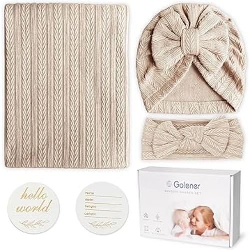 Baby Swaddle Set Newborn - Receiving Headband Blankets and Bow Hat,Newborn Essentials, Soft Nursery Swaddling Blankets,Stretchy Baby Blankets for Girls and Boys Unisex(Light Brown)