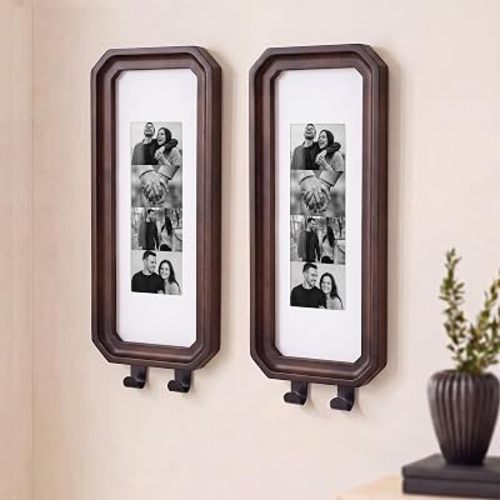 Marsui 2 Set Oak Photobooth Strip Frame with Key Holder, Walnut, 2 x 6 Inch