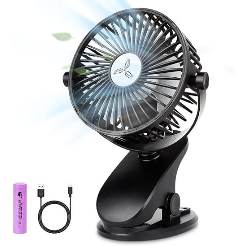 Battery Operated Clip on Stroller Fan, Portable Mini Desk Fan Rechargeable, USB Powered Clip Fan for Baby Stroller Office Outdoor Travel, Black